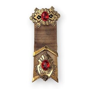 Victorian Revival Mesh Ribbon Brooch Red Rhinestone Antiqued Brass Metal Vintage